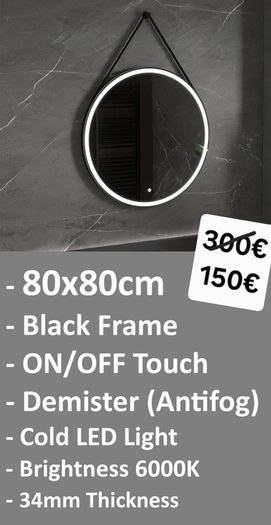 LED Bathroom Mirror 80cm Black Frame Demister Antifog