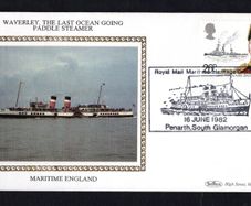1982 Great Britain Benham Silke Cover showing Waverly, The Last Ocea Going Paddle Steamer tying 26p Lord Fisher and H.M.S. Dreadnought commemorative stamp. Part of Maritime England.