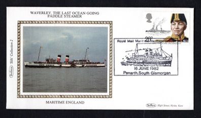 1982 Great Britain Benham Silke Cover showing Waverly, The Last Ocea Going Paddle Steamer tying 26p Lord Fisher and H.M.S. Dreadnought commemorative stamp. Part of Maritime England.