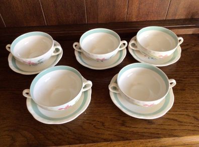 Alfred Meakin 1950s Harvest Bouquet 5 Soup bowls and saucers Coupes