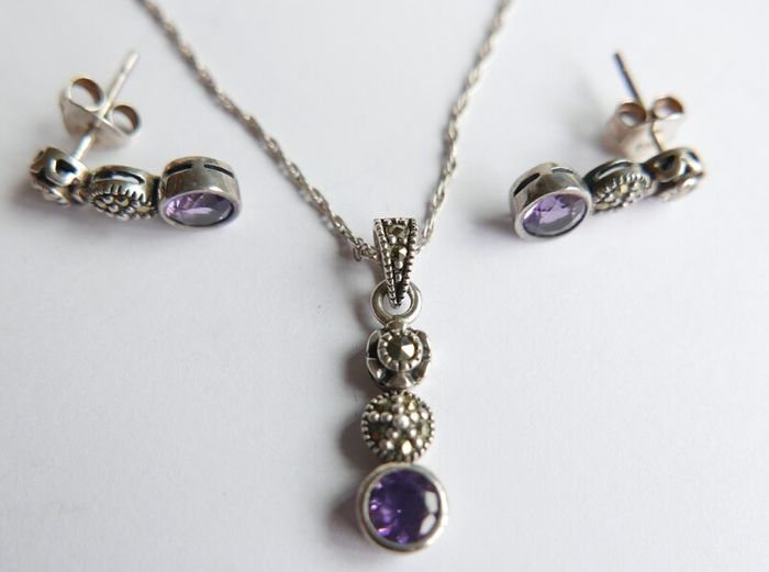 Vintage 925 Sterling Silver Amethyst and Marcasite Necklace and Earring Set