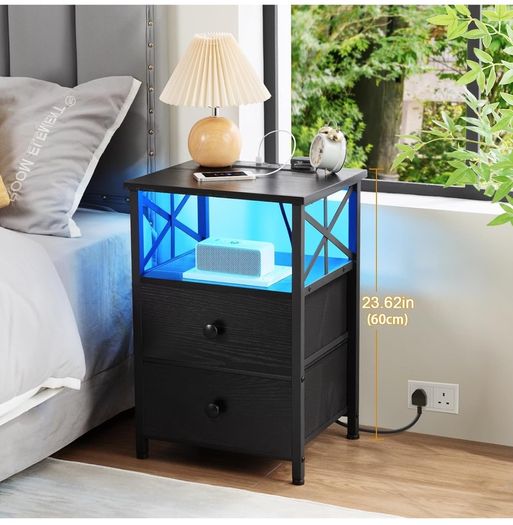Bedside Table Set of 2, Side Table with Charging Station and Led Lights