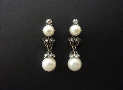 Vintage Art Deco Style Pearl Silver Drop Earrings