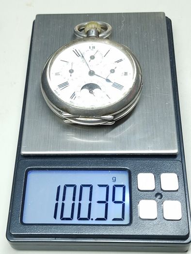 Antique pocket watch, 935 silver case, moonphase calendar, working