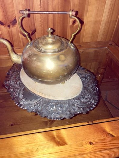 Vintage Kettle & Vintage Fruit Tray with Wooden Inset.
