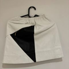 Vintage White & Black Geometric Leather Mini Skirt Elastic Waist S 36 8