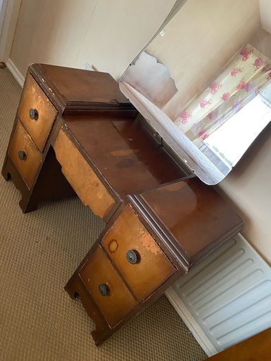 Mid century dressing table, ladies wardrobe, gents wardrobe and double bed.