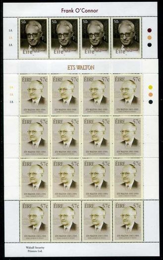 2003 Ireland Birth Centenaries of 50c Frank O'Connor & 57c ETS Walton Commemorative Stamps Sheetlet Plate 1A1A1A Mint Never Hinged (MNH)