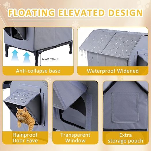 Outdoor Cat House Waterproof, Oxford Cloth Elevated Cat Shelter, Feral Cat Shelter, Insulated Pet Tent for Multiple Cats & Dogs, 18x13x15in (Standard Model)