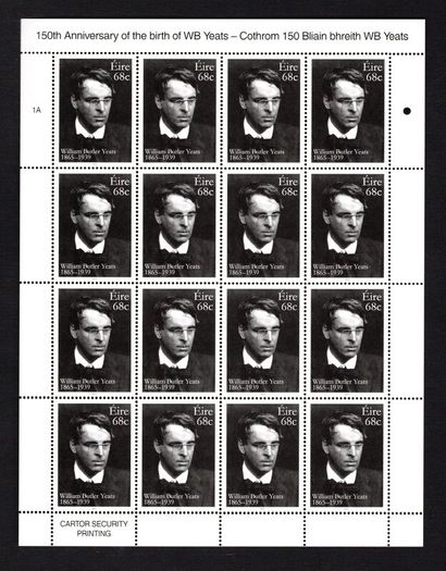 2015 Ireland 150th Anniversary of the Birth of WB Yeats Commemorative Stamp Sheetlet Plate 1A Mint Never Hinged (MNH)