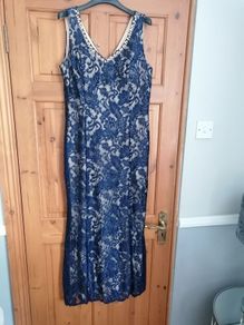 Dress beautiful long  navy lace dress gold lined size 16 on label  i think best suit size 14
