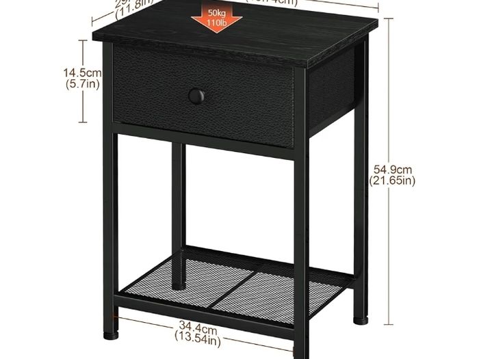 Bedside Tables Set of 2, Side Tables with Fabric Drawers  Coffee Table with Storage Shelf, Sofa Table, Nightstand with Metal Frame for Bedroom, Living Room, Black