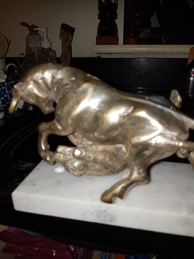"Bull & Bear" Silvered Bronze Sculpture on Marble Base."Sert Foundry,Barcelona".