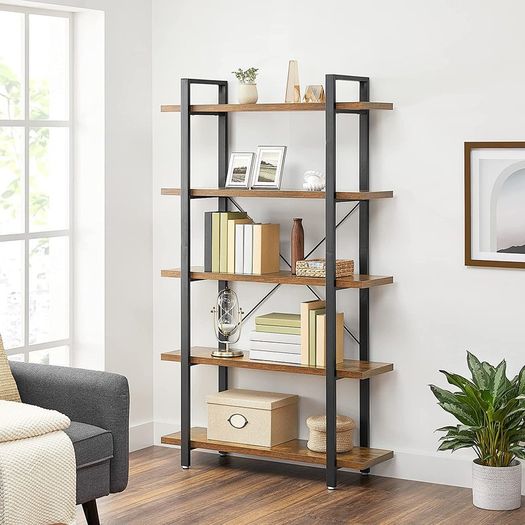 _bookshelf, stable standing shelf with 5 shelf levels, living room shelf in industrial design, easy assembly, living room, bedroom, office, vintage brown-black