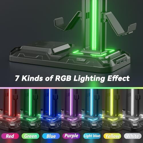 Headphone Stand - Rotatable Controller Holder with Wireless Charging & 9 Light Modes, Gaming Headset Stand with 2 USB and Type C Ports - Controller Stand for Gamers Desktop Accessories (Black)