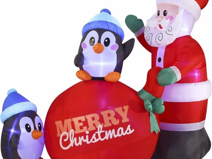 7 FT Long Santa with Penguins Inflatable with Build-in LEDs Blow Up Inflatables for Xmas Party Indoor, Outdoor, Yard, Garden, Lawn Winter Decor