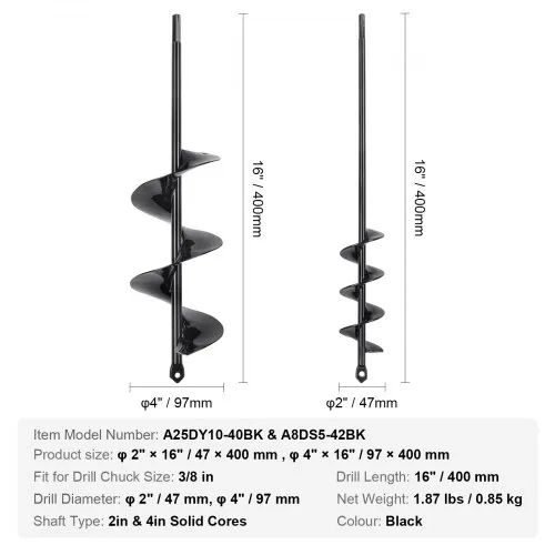 Auger Drill Bits for Planting Set of 2, Garden Auger Drill Bit, Spiral Drill Bit for Post Hole Digger, Bulbs Planting & Holes Digging, for 3/8" Hex Drive Drill