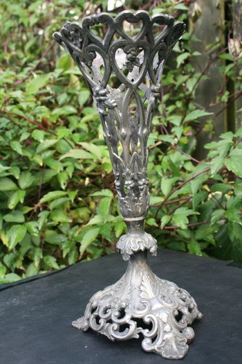 Vintage Art Nouveau Ornate Pierced Filigree Flower Vase Antique Silver Tone H-11"