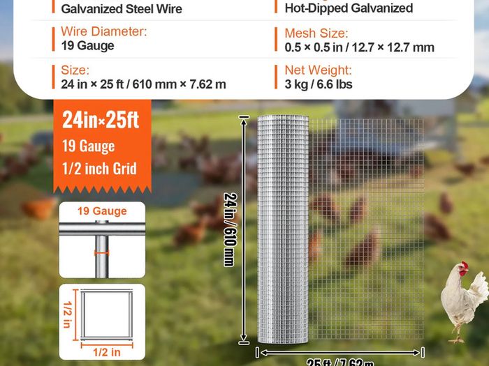 Hardware Cloth, 1/2 inch 24in x 25 ft 19 Gauge, Hot Dipped Galvanized Wire Mesh Roll, Chicken Wire Fencing, Wire Mesh for Rabbit Cages, Garden, Small Rodents