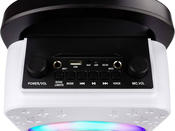 NEW SALE | 8-Watt Rechargeable Bluetooth Karaoke Machine with Two Microphones, Voice Changing Effects & LED Lights