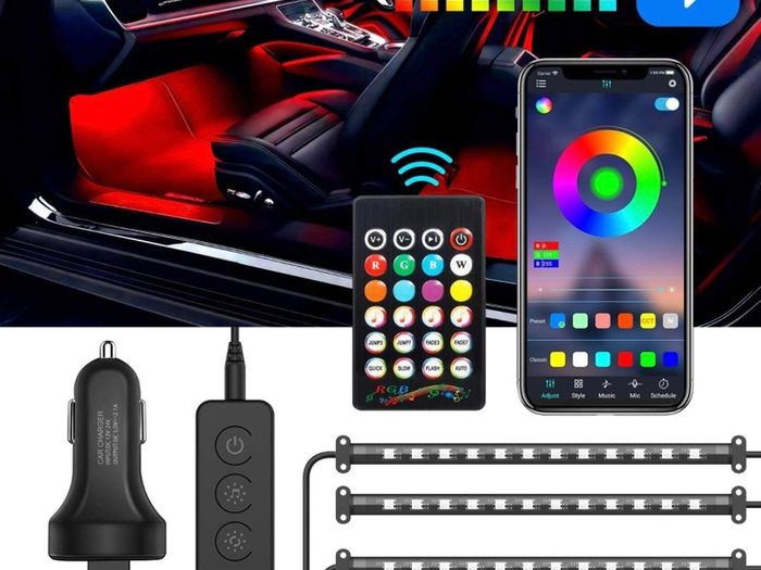 Car LED Strip Light, 48 LED Multicolor Car Atmosphere Lighting, with APP Control & Lights Dance with Music, Car Cigarette Lighter Included