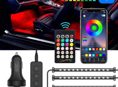 Car LED Strip Light, 48 LED Multicolor Car Atmosphere Lighting, with APP Control & Lights Dance with Music, Car Cigarette Lighter Included