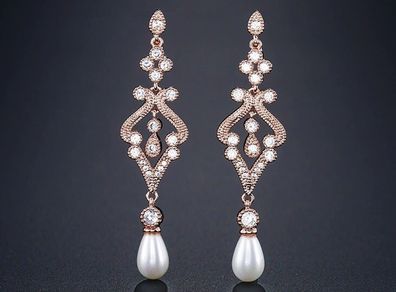Rose Gold Faux Pearl Crystal Drop Dangle Earrings