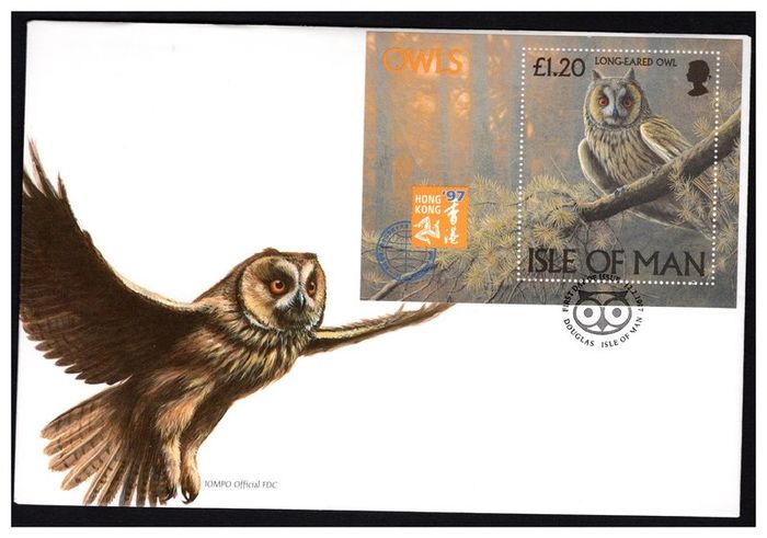 1997 Isle of Man Owls/ Hong Kong 97 Stamp Miniature Sheetlet First Day Cover (FDC)
