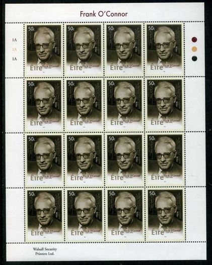2003 Ireland Birth Centenaries of 50c Frank O'Connor & 57c ETS Walton Commemorative Stamps Sheetlet Plate 1A1A1A Mint Never Hinged (MNH)