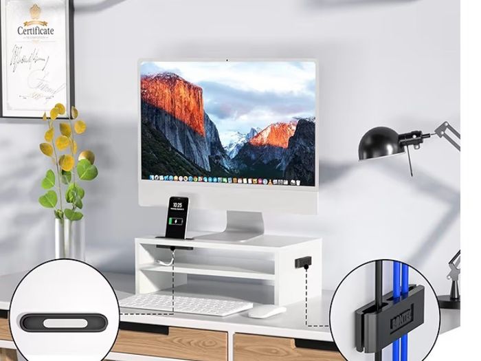 Desk Monitor Stand with Smartphone Holder, Ergonomic Laptop Stand with Cable Management for Computer, Notebook, iMac, PC, 2 Tiers Black (W420 x D235 x H142mm) White