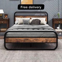 Double Bed Metal Platform Bed Frame with Wood Headboard