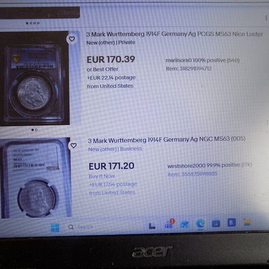 Germany.State of Wurttemberg 1914 f .90% Silver.Wilhelm 11.3 Marks A/unc condition.