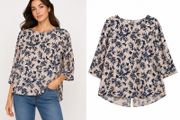 Ladies Beige blouse featuring a navy blue leaf and butterfly pattern: Size 8