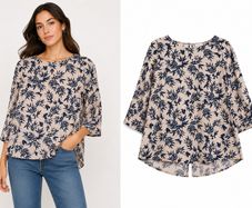 Ladies Beige blouse featuring a navy blue leaf and butterfly pattern: Size 8