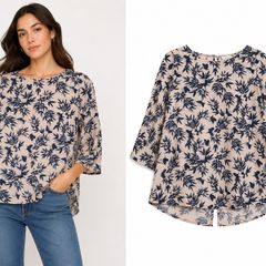 Ladies Beige blouse featuring a navy blue leaf and butterfly pattern: Size 8