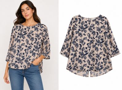 Ladies Beige blouse featuring a navy blue leaf and butterfly pattern: Size 8