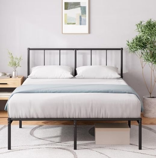 Double Bed Frame with Headboard  4ft6 135 x 190 cm 14 Height Metal Bed Base with Steel Slat Support - Storage Space Underneath  Modern Design Easy Assembly Black