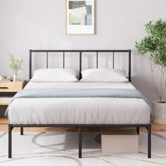 Double Bed Frame with Headboard  4ft6 135 x 190 cm 14 Height Metal Bed Base with Steel Slat Support - Storage Space Underneath  Modern Design Easy Assembly Black