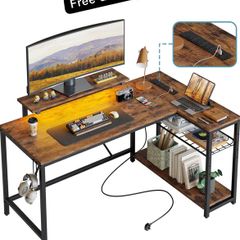 132.5CM L-Shaped Desk with 3 Power Outlets & 2 USB Ports, LED Strip Lights