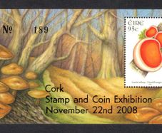 2008 Cork Stamp and Coin Exhibition 22nd November 2008 Exhibition Miniature Sheet on  Fauna and Flora Fungi Commemorative Stamp Miniature Sheet Mint Never Hinged (MNH) No 110