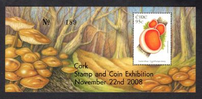 2008 Cork Stamp and Coin Exhibition 22nd November 2008 Exhibition Miniature Sheet on  Fauna and Flora Fungi Commemorative Stamp Miniature Sheet Mint Never Hinged (MNH) No 110