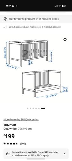 Ikea Sundvik Cot with memory foam mattress and duvet sets