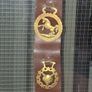 Antique Horse Brass Hanging Strap, Brown Leather Strip Mounted Five Brass Medallions Horse Brasses. Postage Available or Collection Image 3