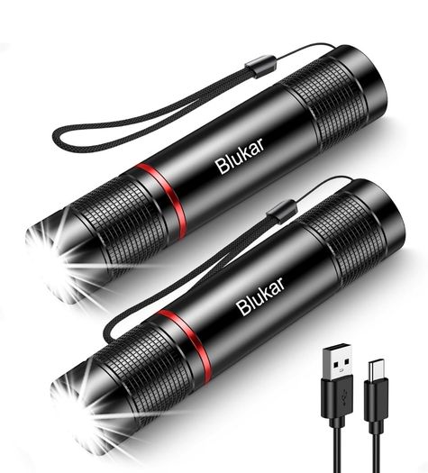 LED Torch Rechargeable, [2 Pack] 2000L Super Bright Adjustable Focus Flashlight, 4 Lighting Modes, Long Battery Life, Waterproof Pocket Size Torch for Power Cuts, Emergency, Camping, Outdoor