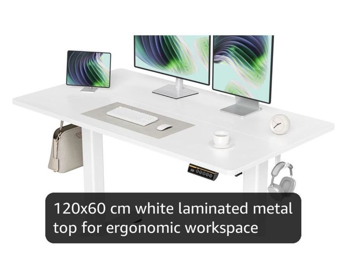 Electric Standing Desk 120 x 60cm, Height Adjustable Sit Stand Desk with 3 Memory Presets, Home Office Desk with Anti-Collision System, Quiet Motor, 2 Hooks, White