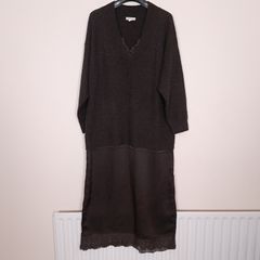 Monsoon Dark Charcoal Brown V Neck Knit Jumper Lace Trim Slip Satin Midi Dress 16UK/44EU