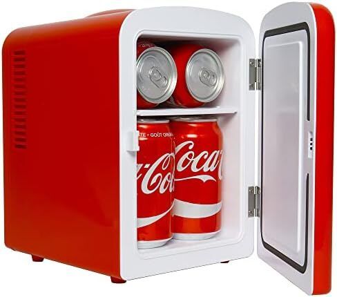 Coca-Cola Mini Fridges for Bedrooms 4L Quiet Small 6 Can Table Top Fridge Portable Retro Cooler Warmer with Built-In Bluetooth Wireless Speaker For Drinks