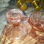 Pink Glass Art Deco Vanity Set, likely dating from the 1920s or 1930s. The set includes a Container, a Ring Holder, Two Candlesticks, and a Vanity Tray, Postage or Collection Image 3
