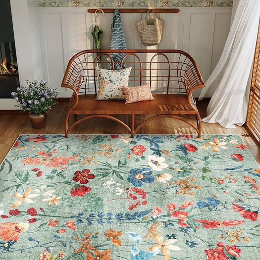 Living Room Green Washable Flower Area Rug 80x150cm Non Slip Boho Natural Modern Floral Large Carpet Dining Room Bedroom Kitchen Hall Lounge Office Low Pile Soft Carpets