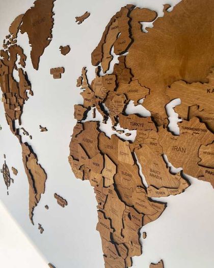 3D Classic Wooden World Map with Country Borders Country Names Capital Names US and Canada Borders and Names 3D Map Effect